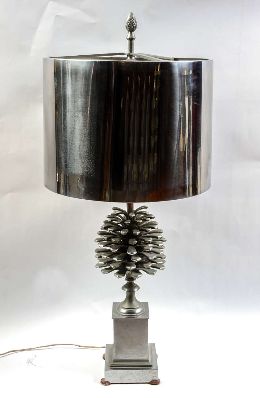Elegant bronze lamp made by Charles (formerly known as Charles & Fils) with a silver patina. Very representative of the Charles style, the pine cone lamp was made in France during the 1960s. New electrification, 3 lights on the top, 