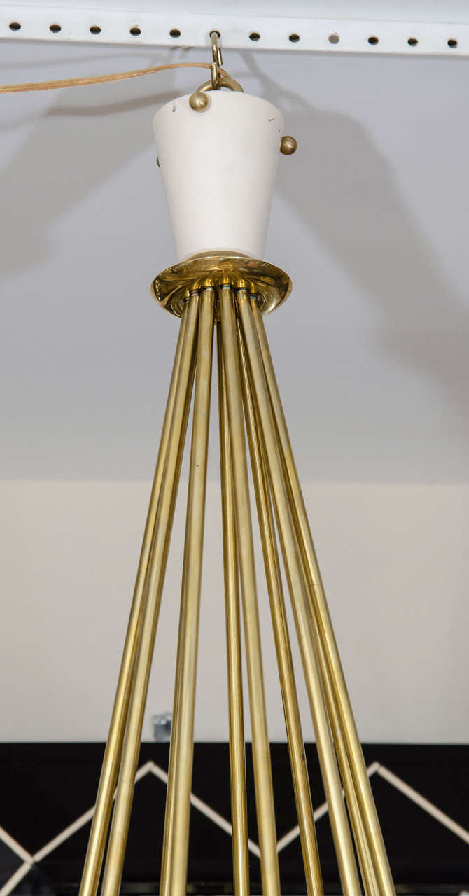 Mid-Century Modern Brass and White Enamel Eleven-Light Chandelier