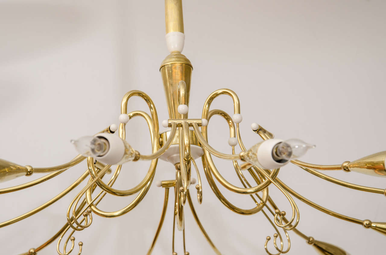 Mid-Century Modern Twelve Arm Curved Brass and Enameled Metal Chandelier