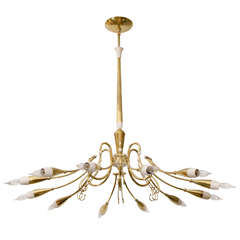 Twelve Arm Curved Brass and Enameled Metal Chandelier