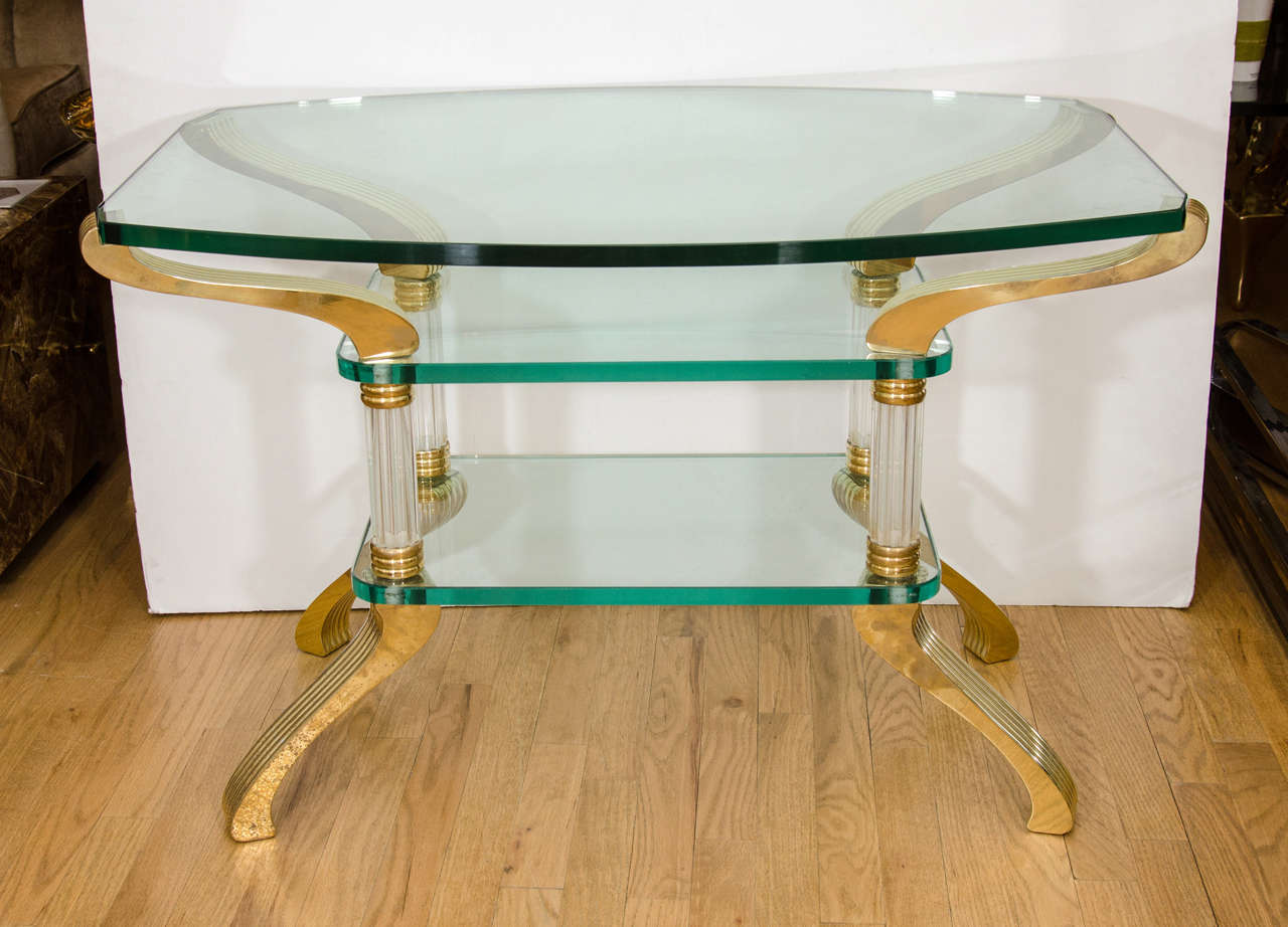 Elliptical Glass Three Tier Table with Fluted Brass Frame