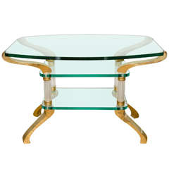 Elliptical Glass Three Tier Table with Fluted Brass Frame