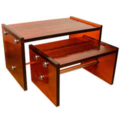 Pair of Rectangular Orange Glass Nesting Tables with Nickel Details 8