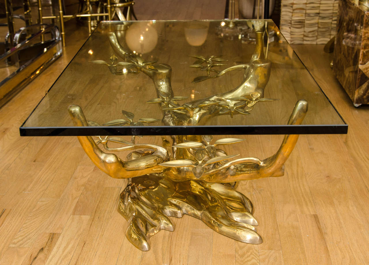 Brass Foliate Base Coffee Table with Rectangular Glass Top at 1stDibs