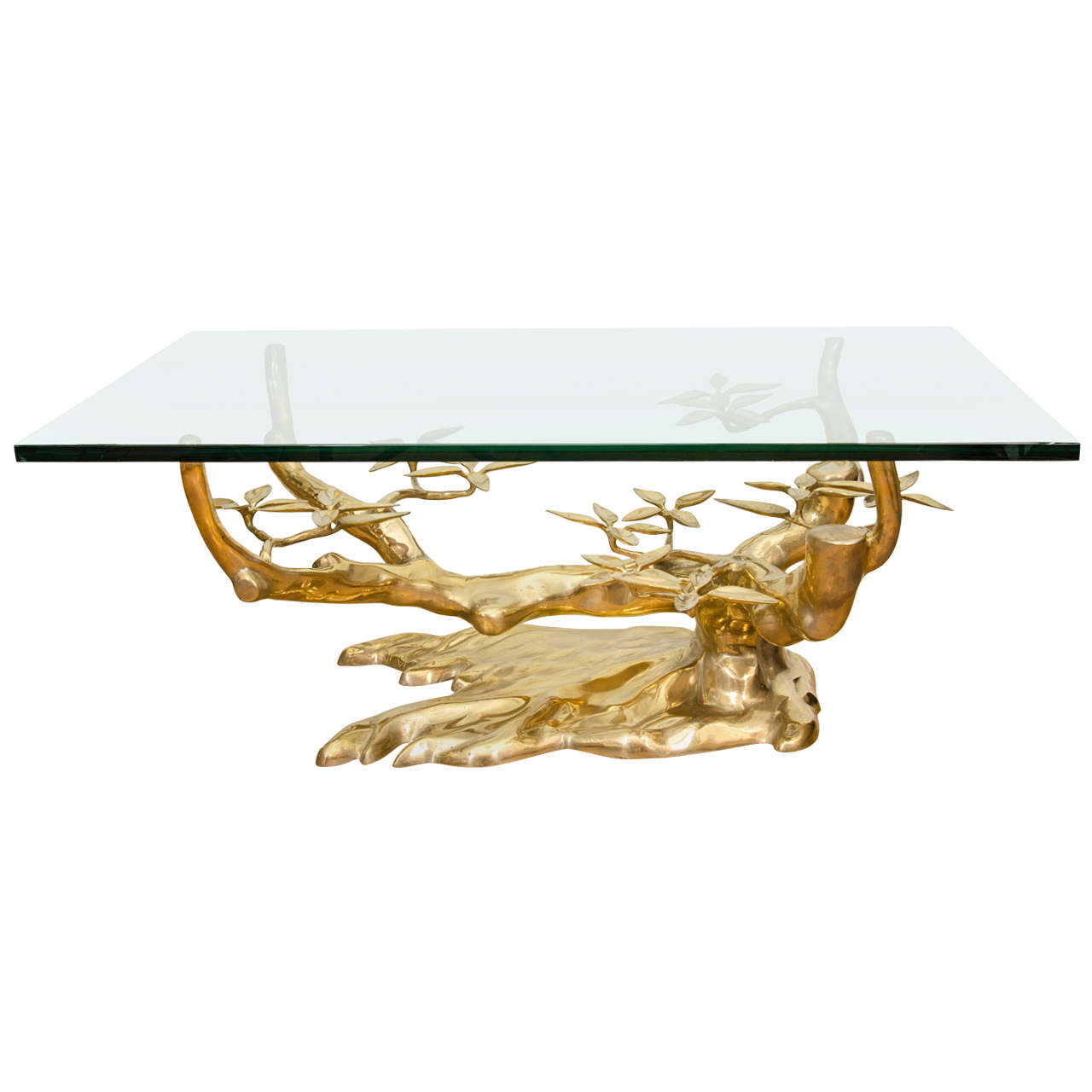 Brass Foliate Base Coffee Table with Rectangular Glass Top at 1stDibs