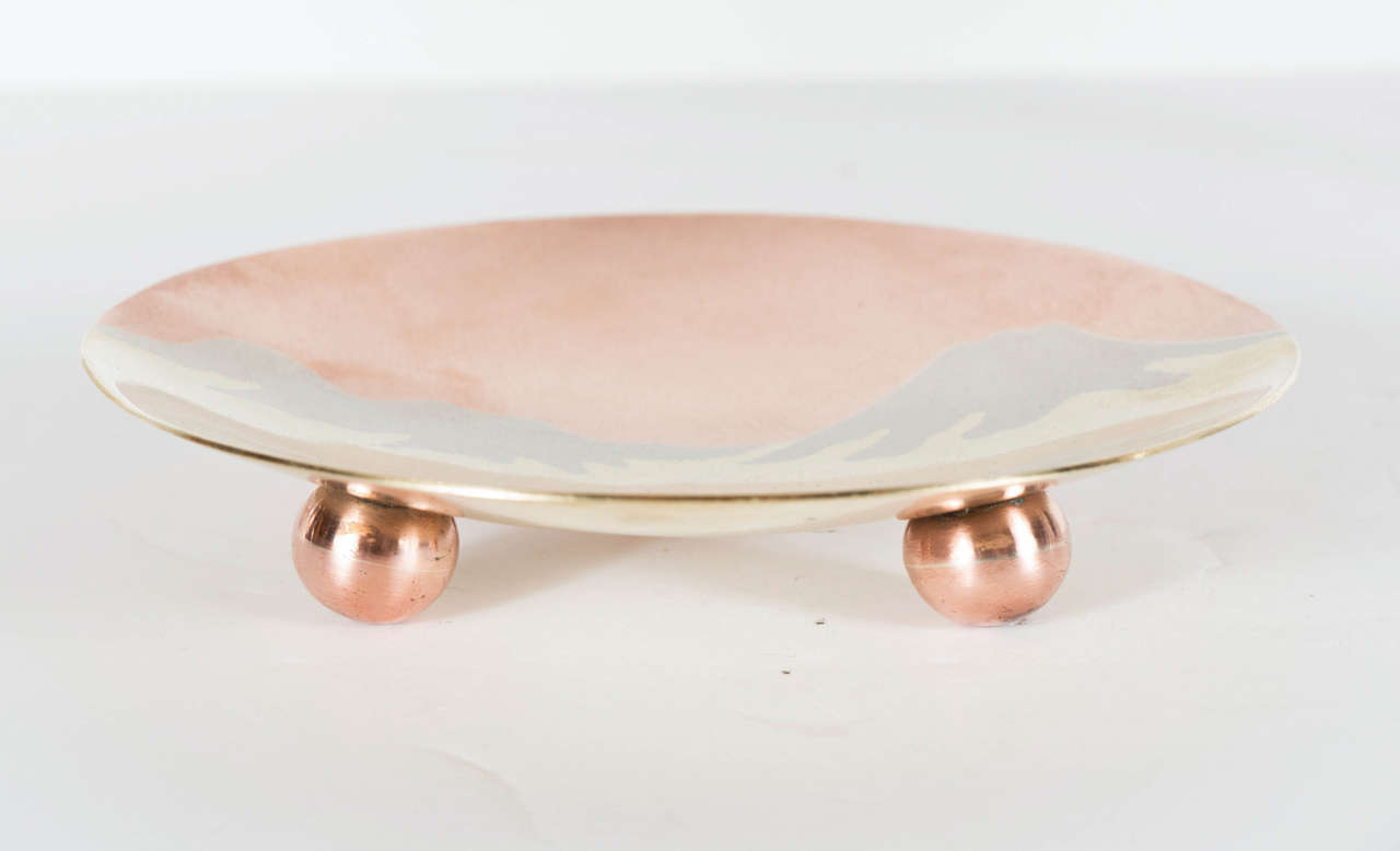 Mid-Century Modernist Mixed Metal Bowl With Scenic Mountain Design