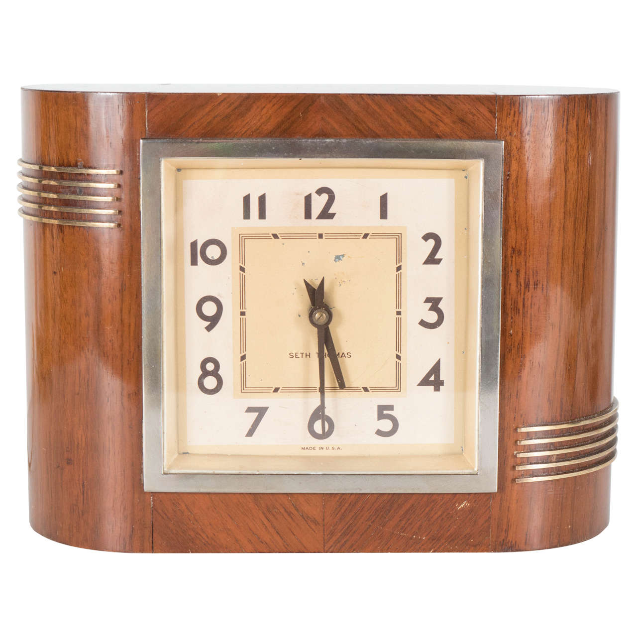 Streamlined Electric Art Deco Clock by Seth Thomas in Bookmatched Walnut