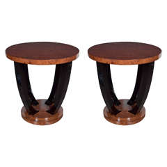 Pair of Art Deco Guéridon Tables in Book Matched Walnut and Black Lacquer