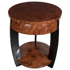 Art Deco Gueridon Table in Black Lacquer and Burled Walnut with Recessed Drawers