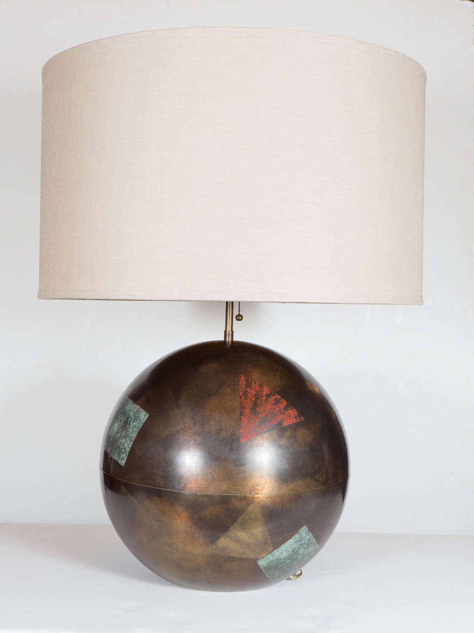 Modernist Bronze Table Lamp with Geometric Decoration by Karl Springer