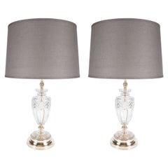 Elegant Pair of Hollywood Crystal Urn Lamps with Brass Fittings