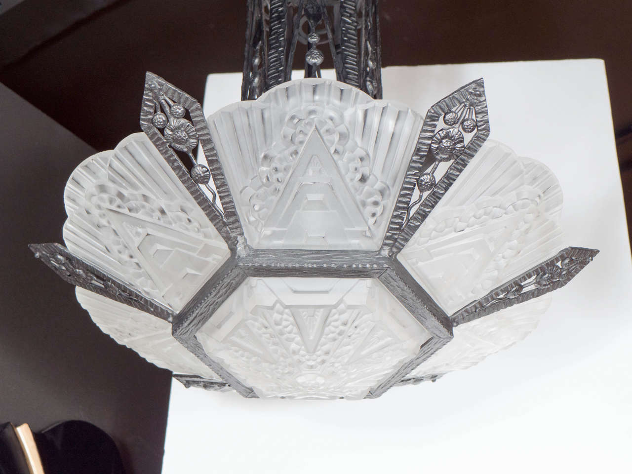 French Gorgeous Art Deco Chandelier by Verdun with Highly Stylized Art Deco Designs