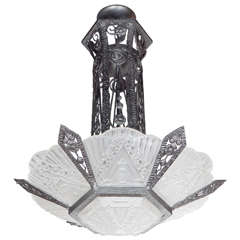 Gorgeous Art Deco Chandelier by Verdun with Highly Stylized Art Deco Designs