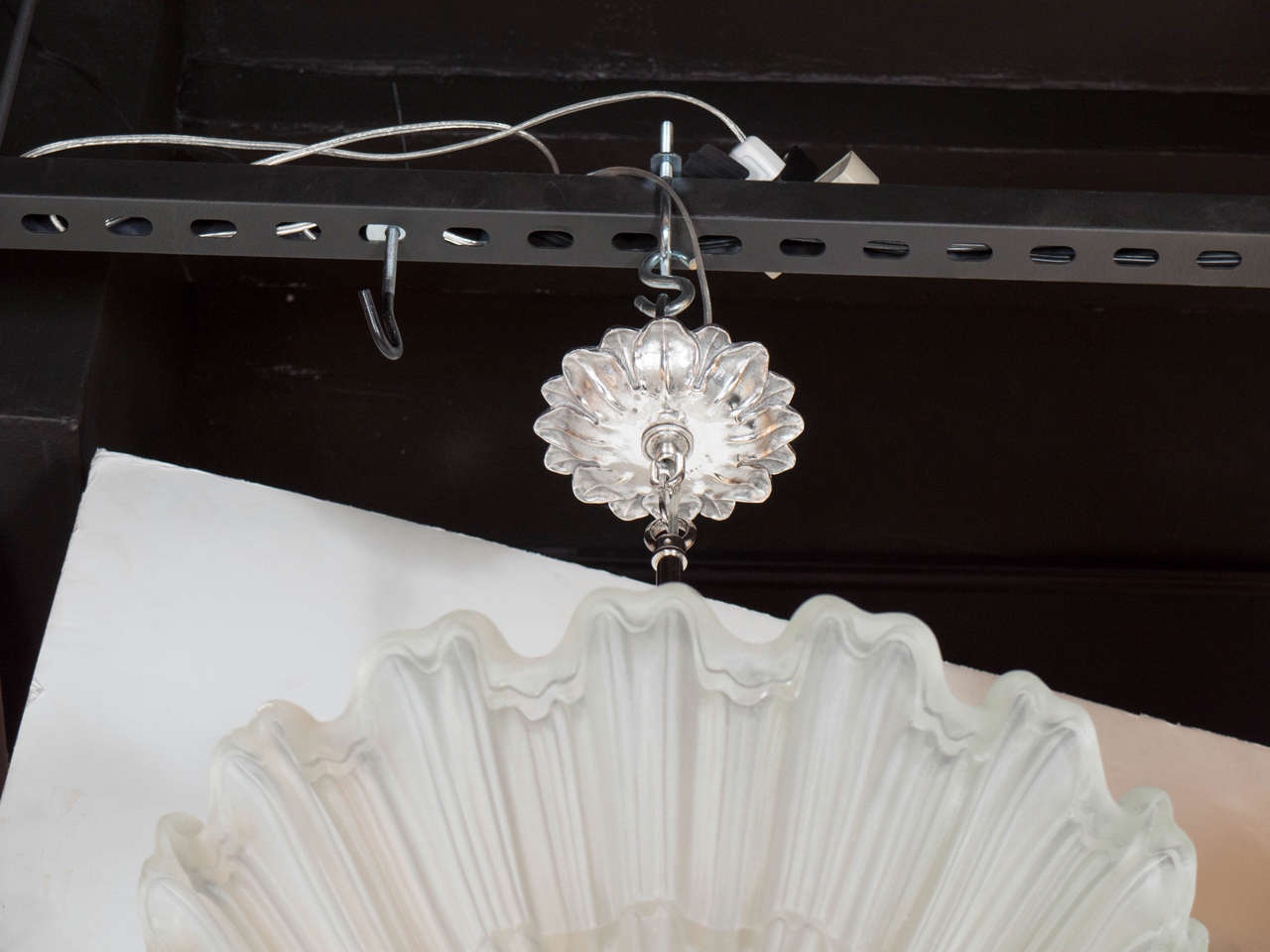 French Exquisite Art Deco Frosted Glass and Nickel Chandelier in the Manner of Lalique