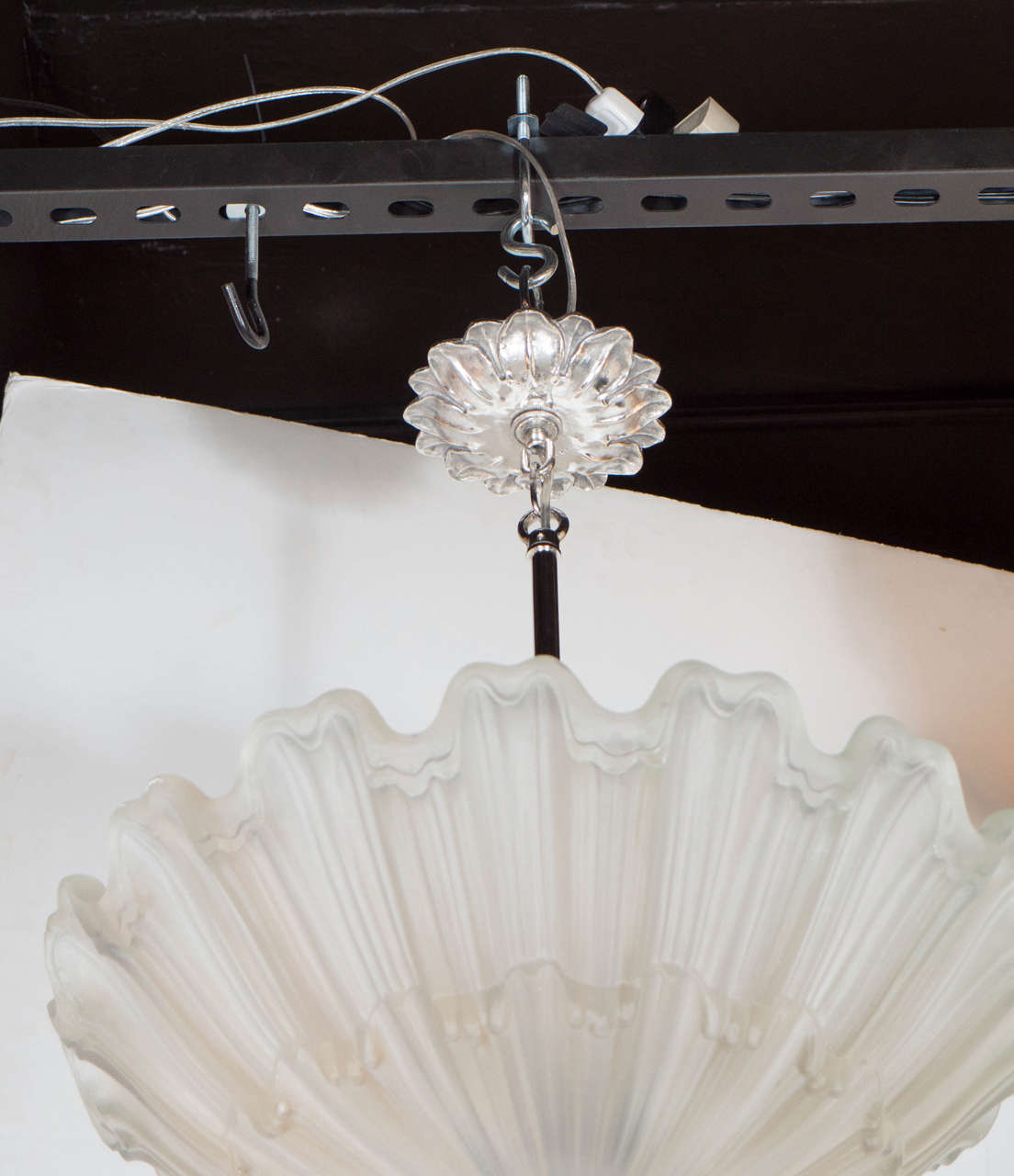 Exquisite Art Deco Frosted Glass and Nickel Chandelier in the Manner of Lalique In Excellent Condition In New York, NY