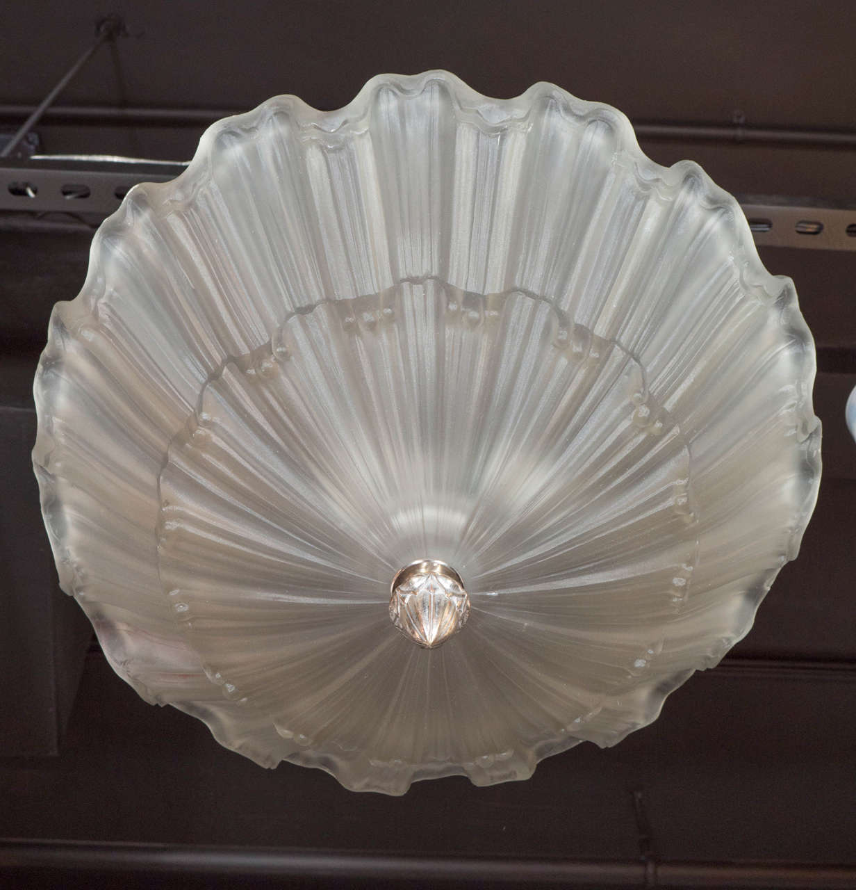 Mid-20th Century Exquisite Art Deco Frosted Glass and Nickel Chandelier in the Manner of Lalique