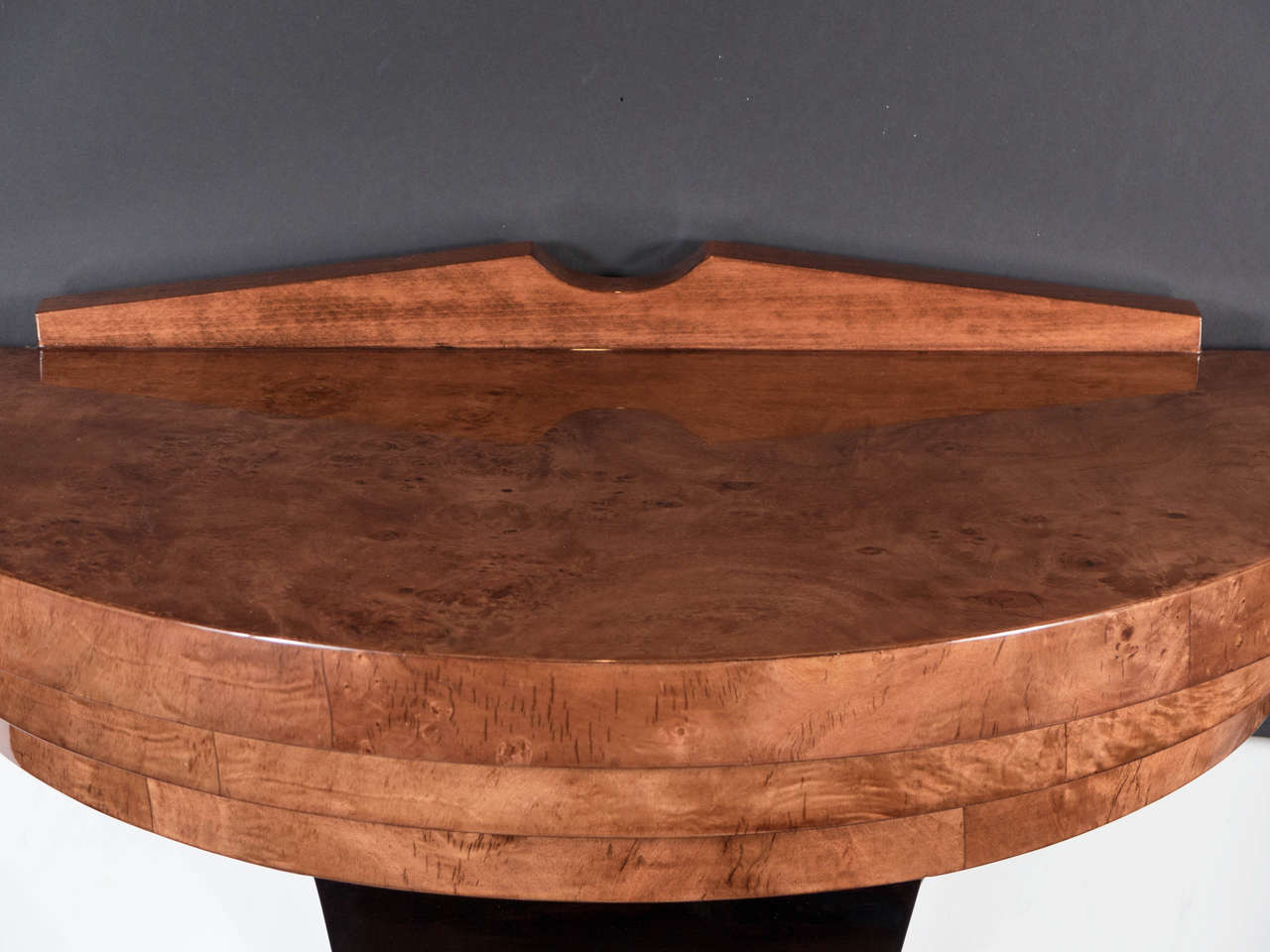 American Art Deco Skyscraper Style Console in Bookmatched Carpathian Elm & Black Lacquer