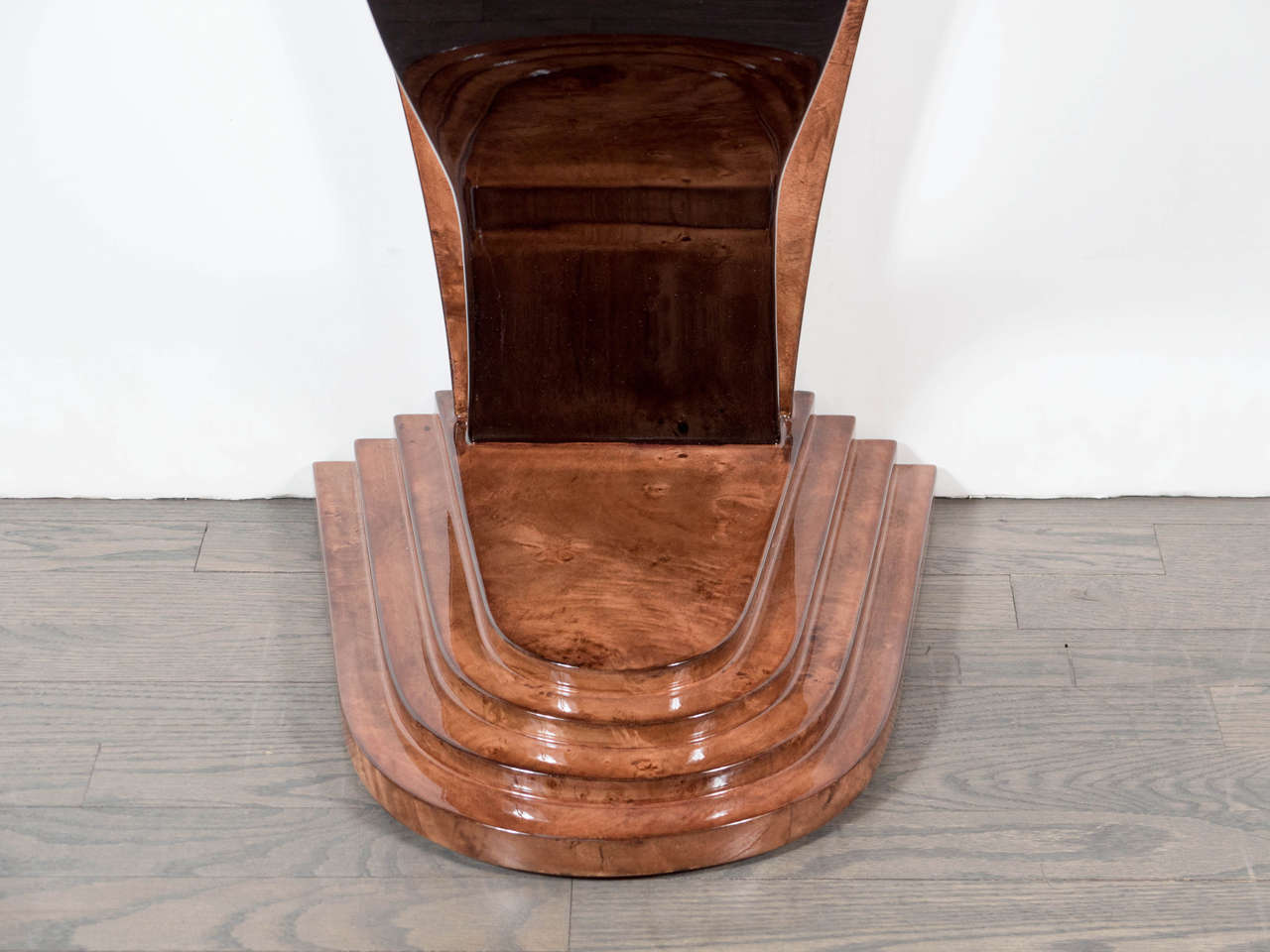 Mid-20th Century Art Deco Skyscraper Style Console in Bookmatched Carpathian Elm & Black Lacquer