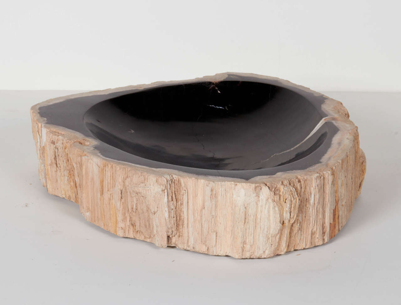 Exquisite large petrified wood vessel. Naturally fossilized throughout hundreds of years. These rare pieces have been hand cut and feature the highest quality petrified wood with polished centers and natural raw edges. Beautiful tones with black