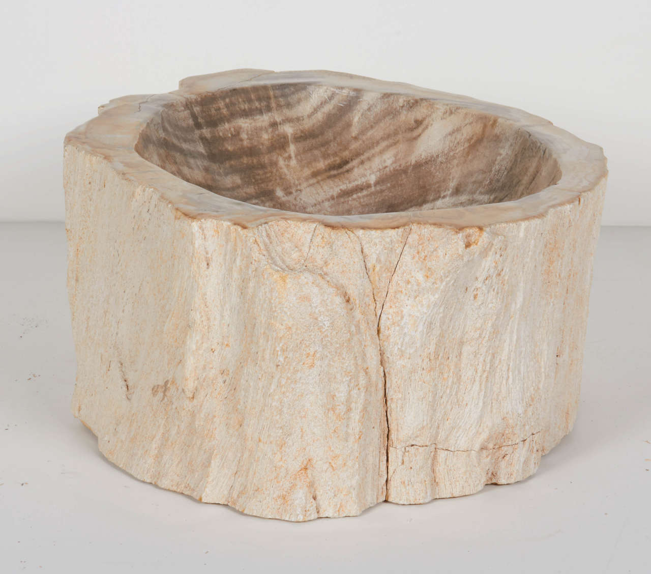 Organic petrified wood large bowl or sink with amorphous form. Naturally fossilized throughout hundreds of years. These rare pieces have been hand cut and feature the highest quality petrified wood with deep polished centers and tall sides with