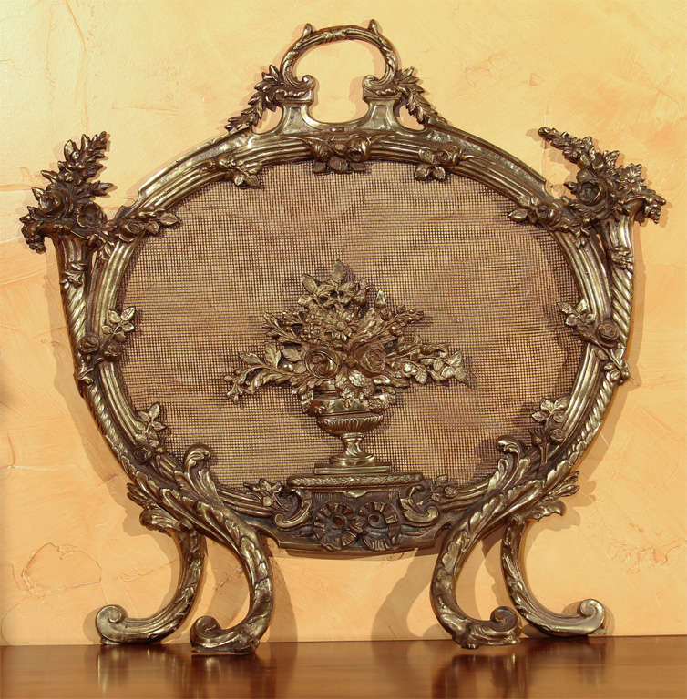 Vintage Bronze Fire Screen<br />
<br />
This is a French style fire screen with wonderful bronze casting. It is highly decorative and features an urn of flowers in the middle, with the mesh screen behind it. The perimenter has nicely cast bronze