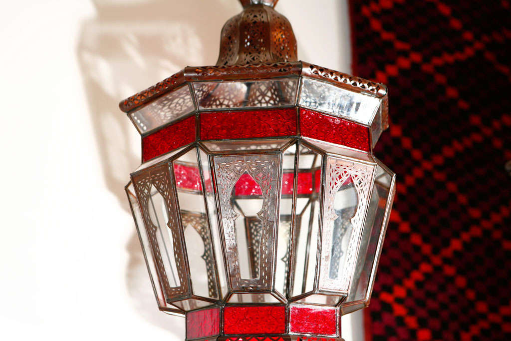 Bronzed Large Moroccan Moorish Clear and Red Glass Light Fixture