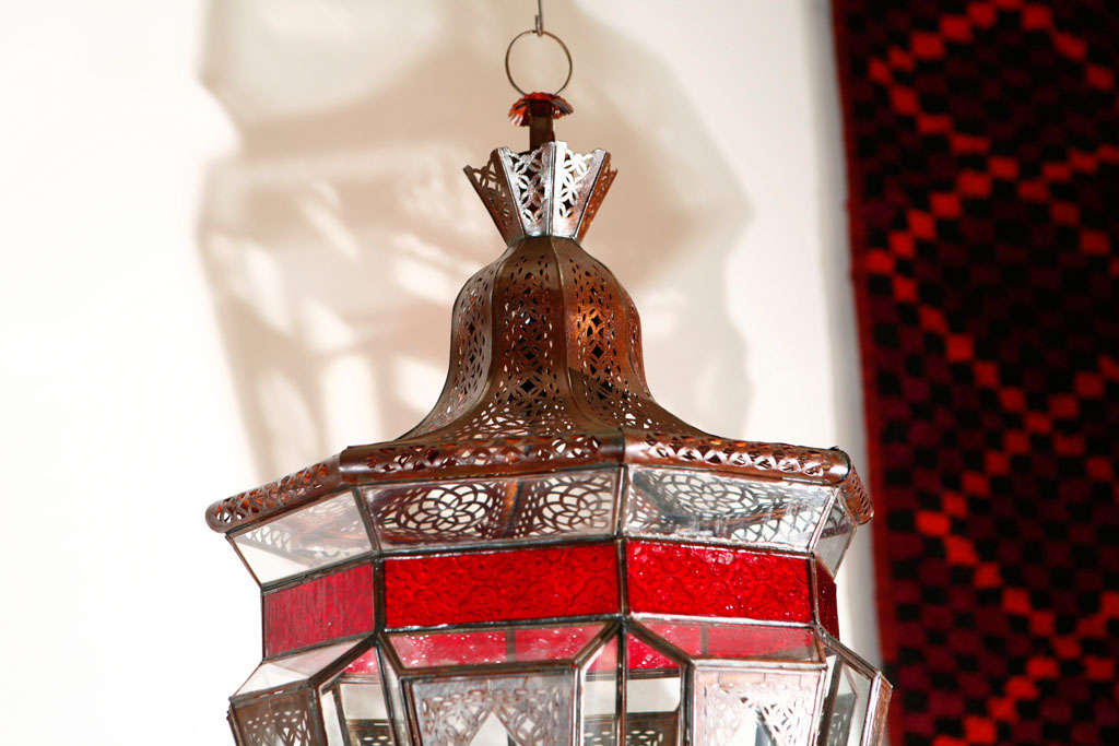 Large Moroccan Moorish Clear and Red Glass Light Fixture In Excellent Condition In North Hollywood, CA