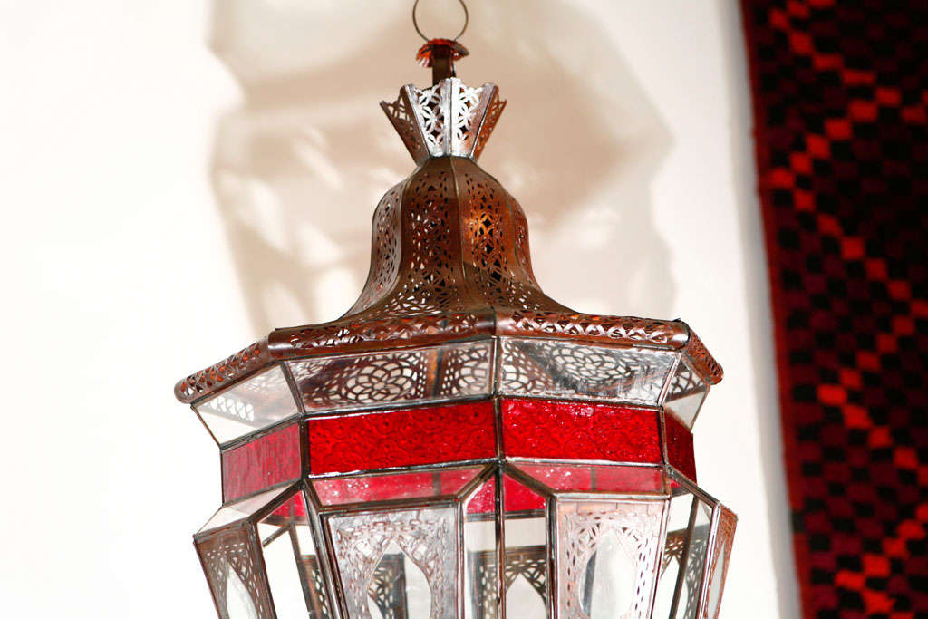 20th Century Large Moroccan Moorish Clear and Red Glass Light Fixture