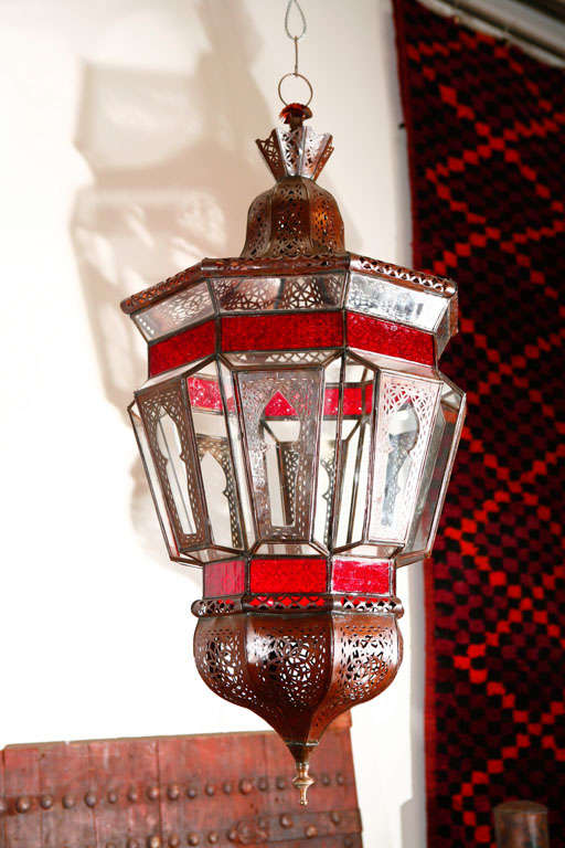 Large Moroccan Moorish Clear and Red Glass Light Fixture 3