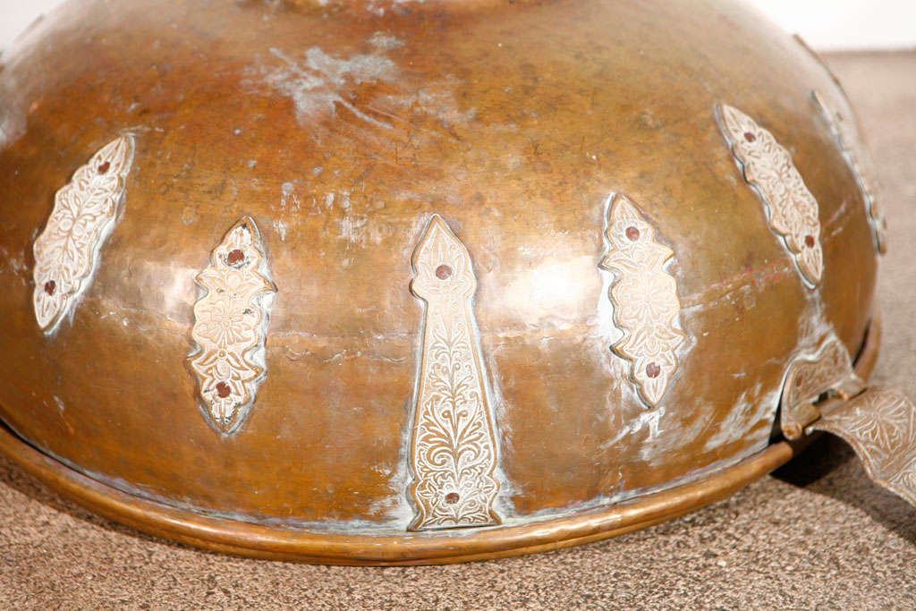 Moroccan Antique Bronze Cover with Brass Etched Decor In Good Condition For Sale In North Hollywood, CA