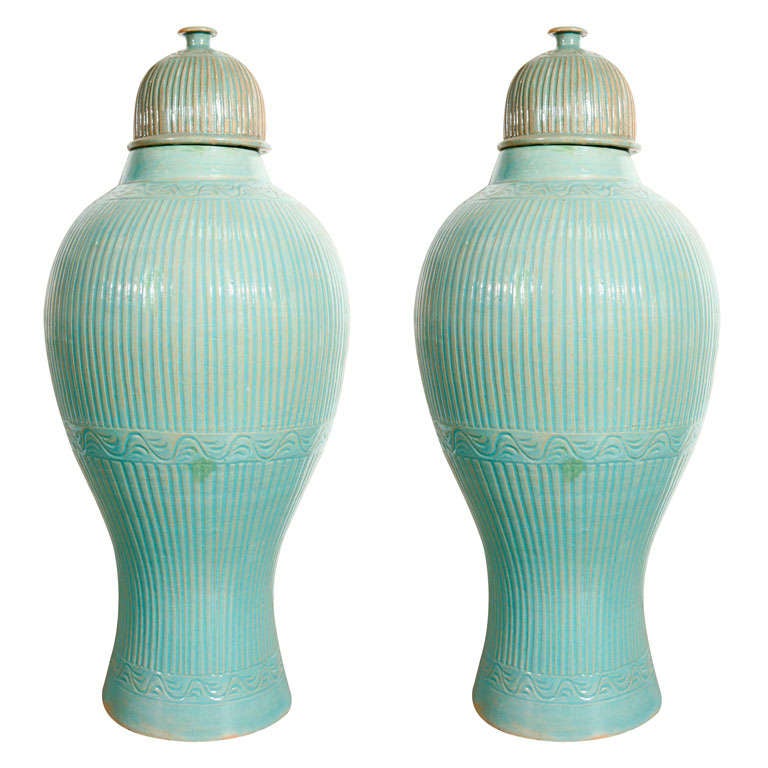 Moorish Moroccan Blue Urns with Lid For Sale