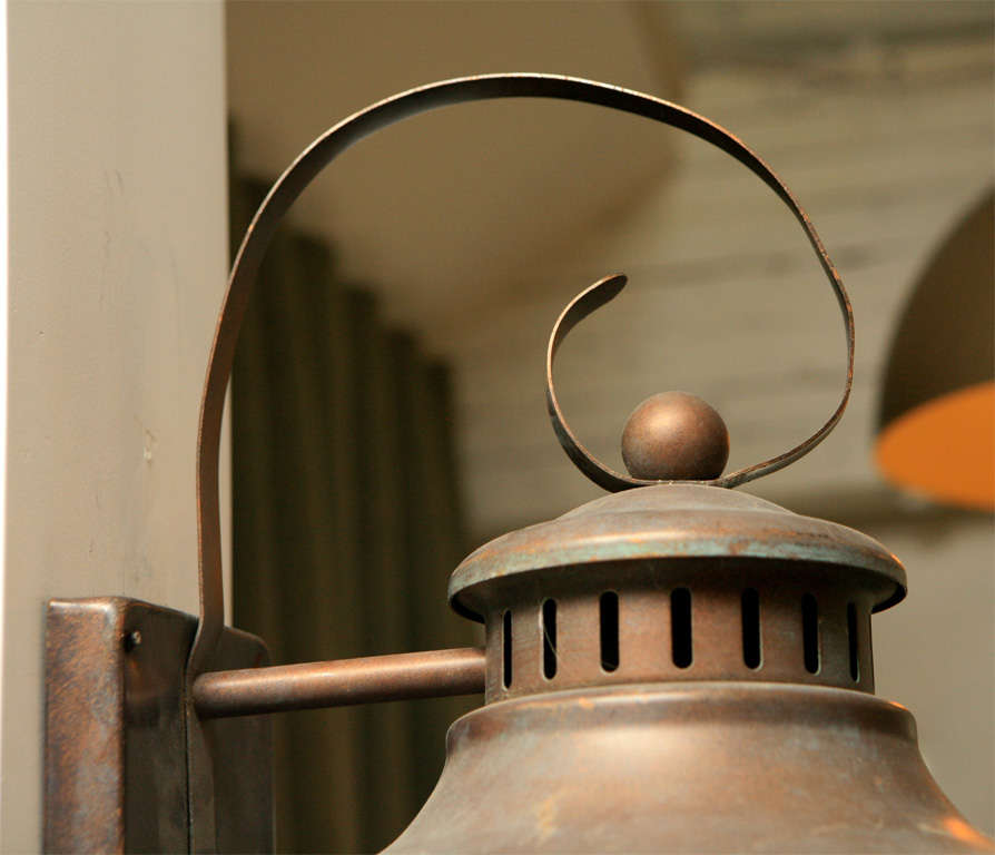Vintage Craftsman style copper lantern with wavy glass