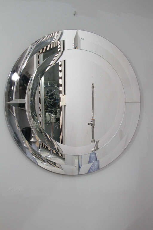 Custom round clear mirror in the Manner of Karl Springer. The mirror shown in the photos is 30