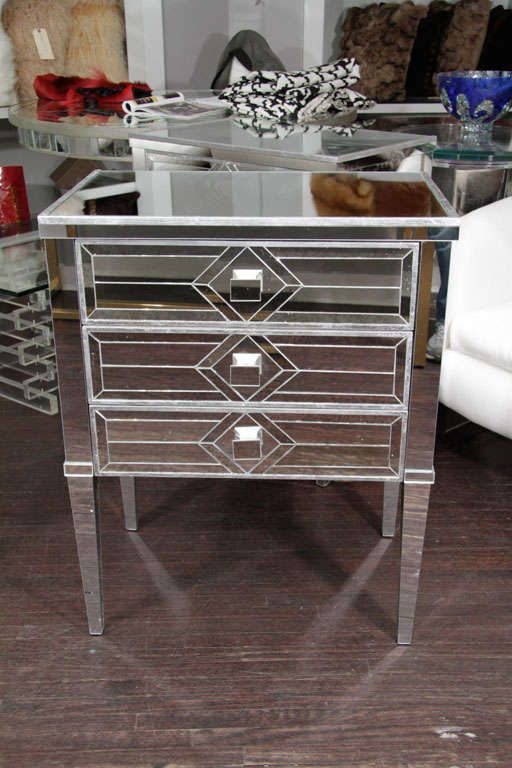 Pair of Neoclassical silver trim 3-drawer diamond front mirrored nightstands. Customization is available in different sizes, finishes and hardware.