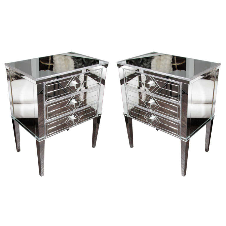 Pair of Neoclassical Style Silver Trim 3-Drawer Diamond Mirrored Nightstands For Sale