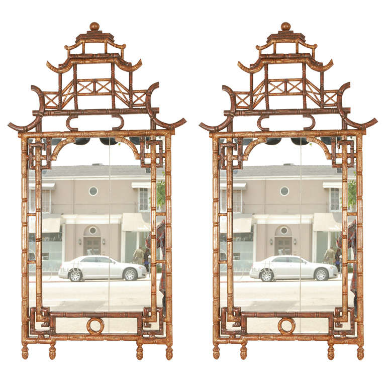 Pair of Chinese Faux Bamboo Pagoda Mirrors
