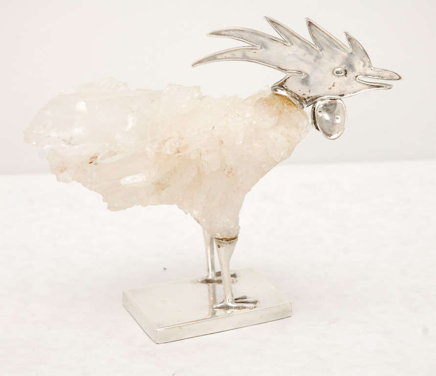 Late 20th Century Rock Crystal and Sterling Silver Rooster by Grupo Gal
