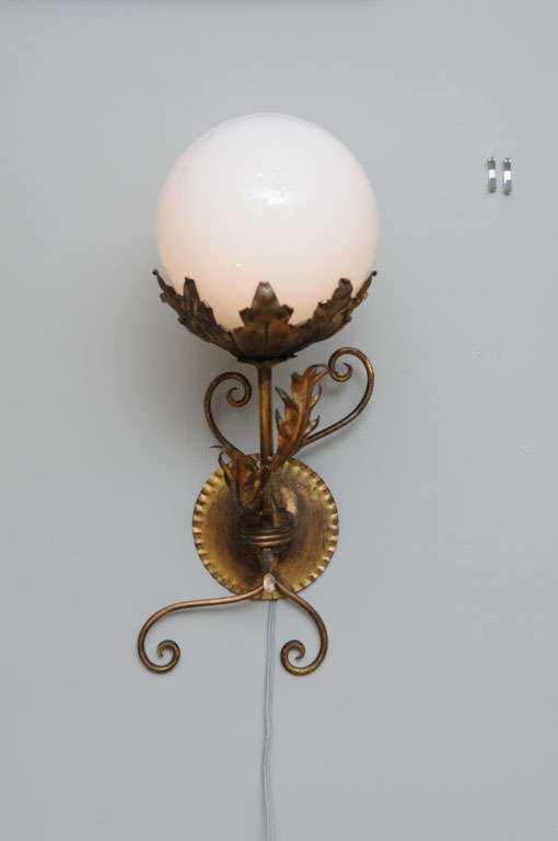 Naturalistic Catalan Gilt Metal Sconces with Glass Globes