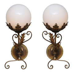 Naturalistic Catalan Gilt Metal Sconces with Glass Globes