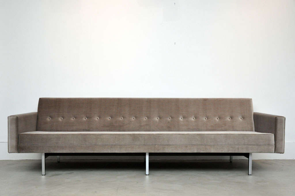 8ft sofas designed by George Nelson for Herman MIller.  Model 0693 - a classic Nelson design.  Newly upholstered on brushed nickel frame.

A PAIR IS AVAILABLE.