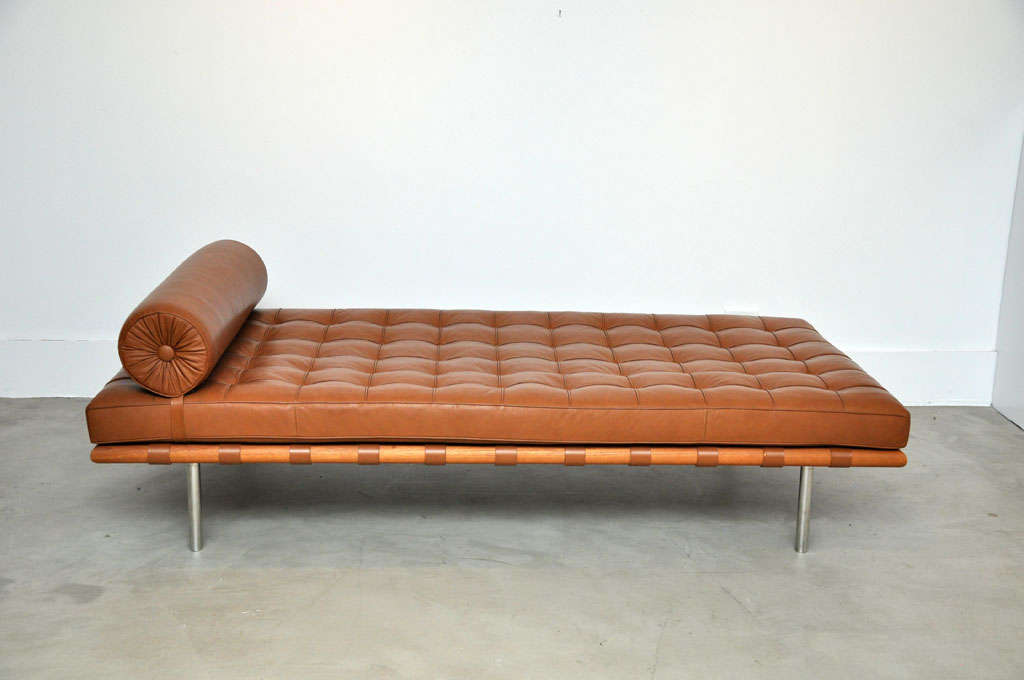 Barcelona daybed by Mies Van Der Rohe for Knoll.  Original camel leather in mint condition with teak frame.  Marked Knoll 1977.