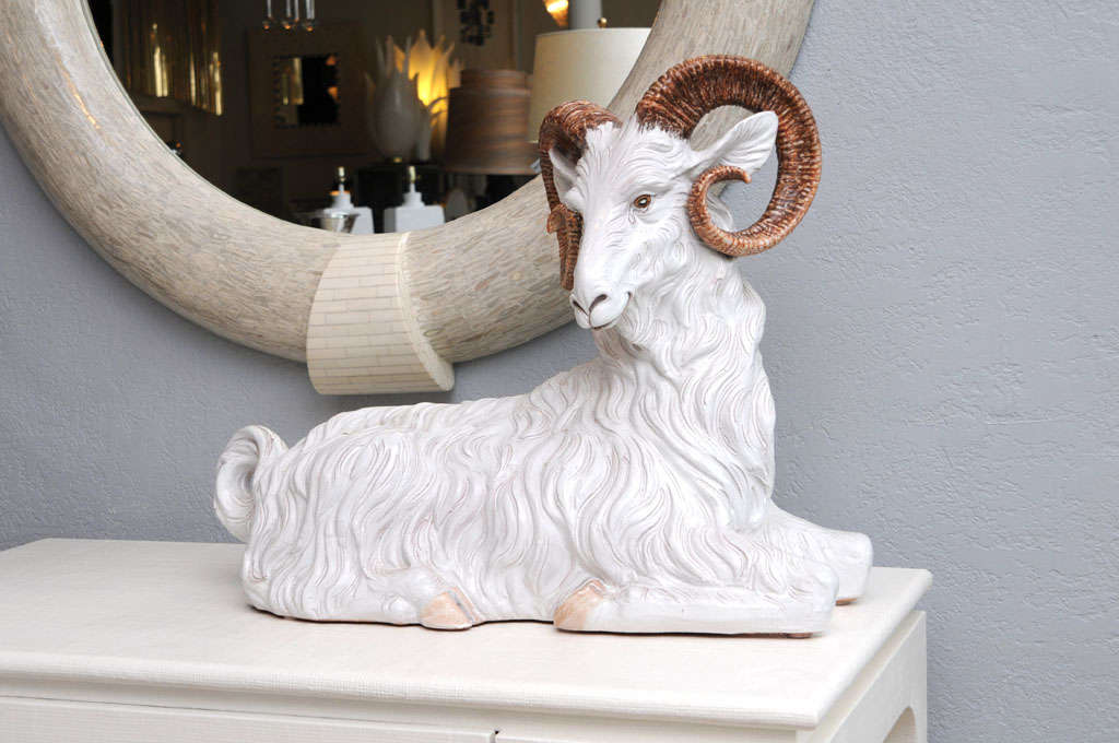 Beautiful Bighorn ram in glazed Italian ceramic. Nicely rendered features and fabulous scale... We think it would perfectly at home in a chic little Aspen get-away.