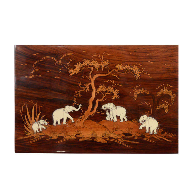 Wooden Panel of Group of elephants in Africa For Sale