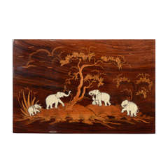 Antique Wooden Panel of Group of elephants in Africa