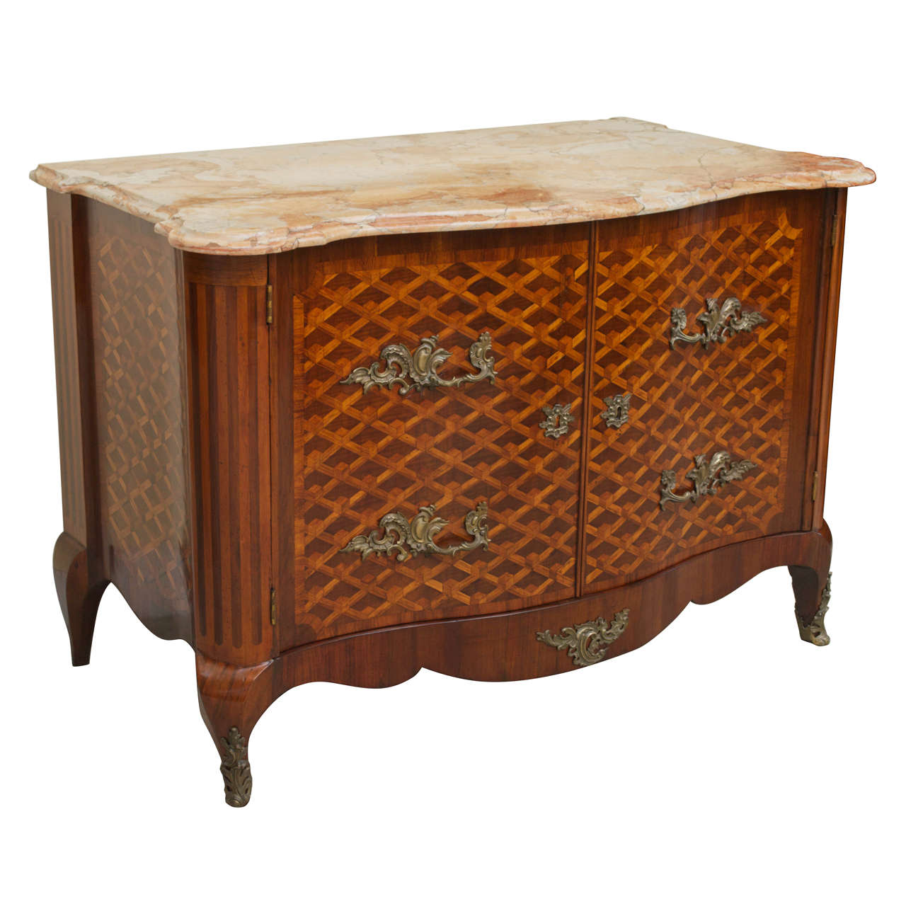 Louis XV Style Walnut & Fruitwood Parquetry Commode & Marble Top-STORE CLOSING 