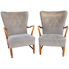 Pair of Danish Modern Armchairs in Striped Fabric 