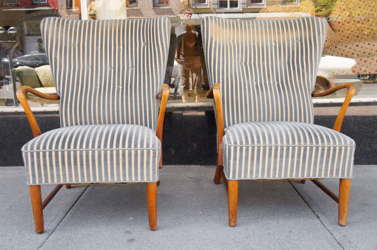 Pair of Danish Modern Armchairs in Striped Fabric  In Good Condition In Hudson, NY
