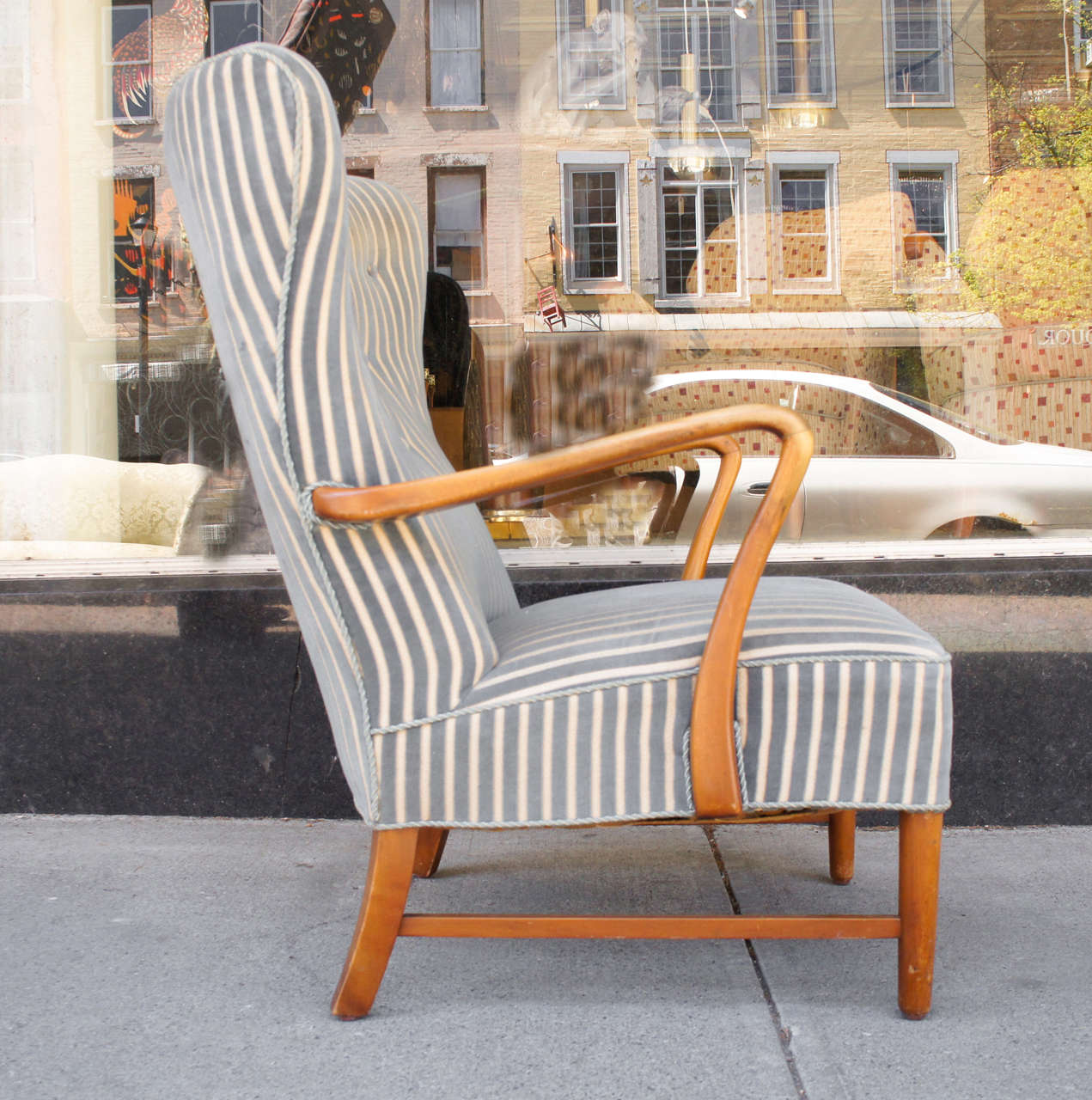 Pair of Danish Modern Armchairs in Striped Fabric  1