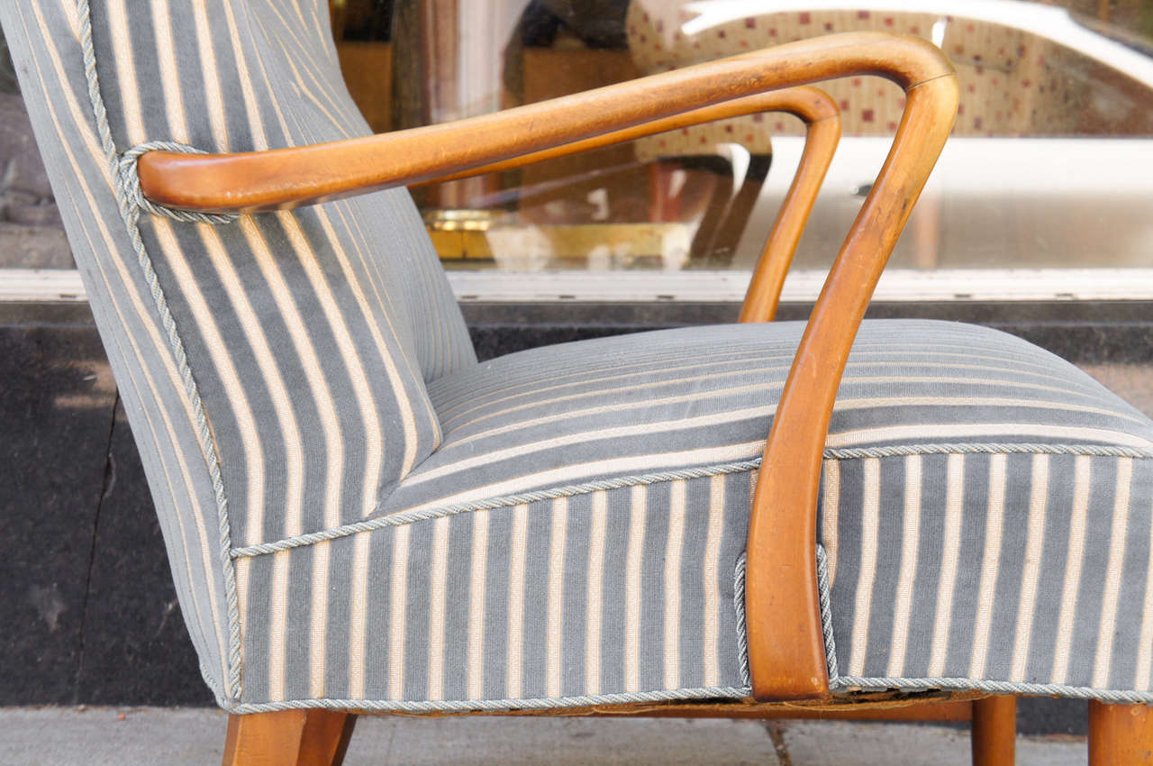 Pair of Danish Modern Armchairs in Striped Fabric  2