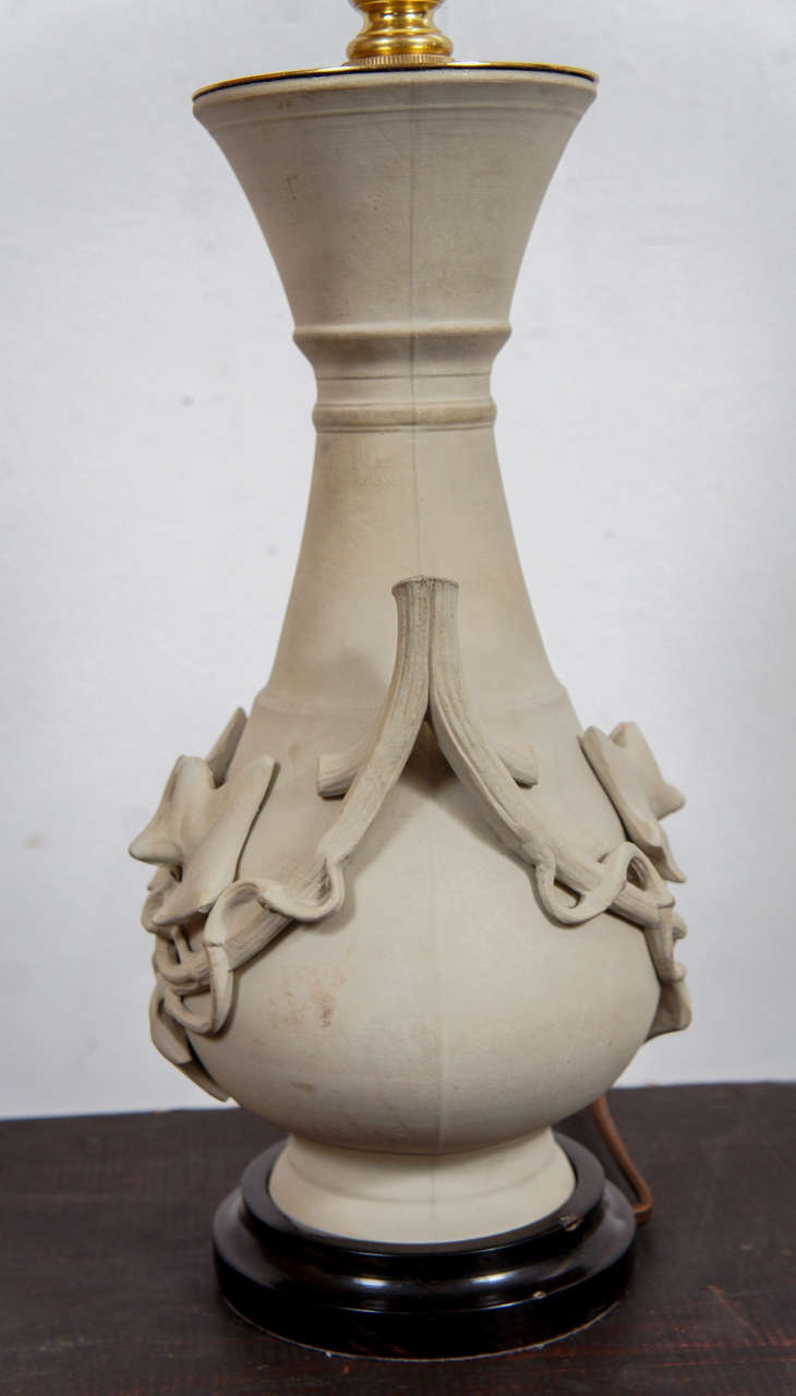 Ceramic Pair of Bisque Lamps with Botanical Motif For Sale